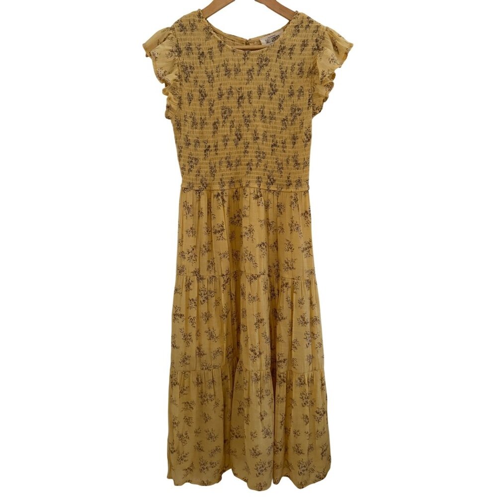 Prairie Womens Butter Yellow Floral Smocked Midi Dress Sz  M Ruffle Sleeves & Ti